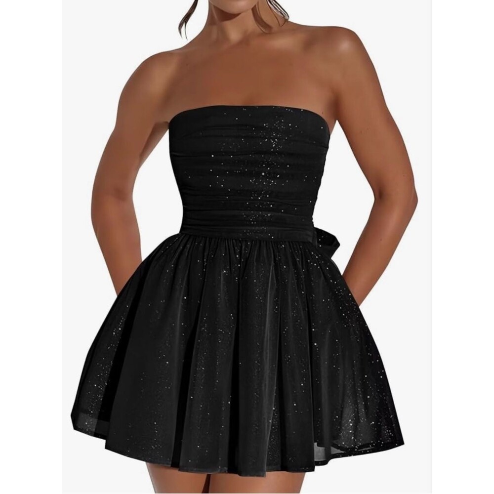 NWT black glitter short homecoming strapless dress with bow size 0